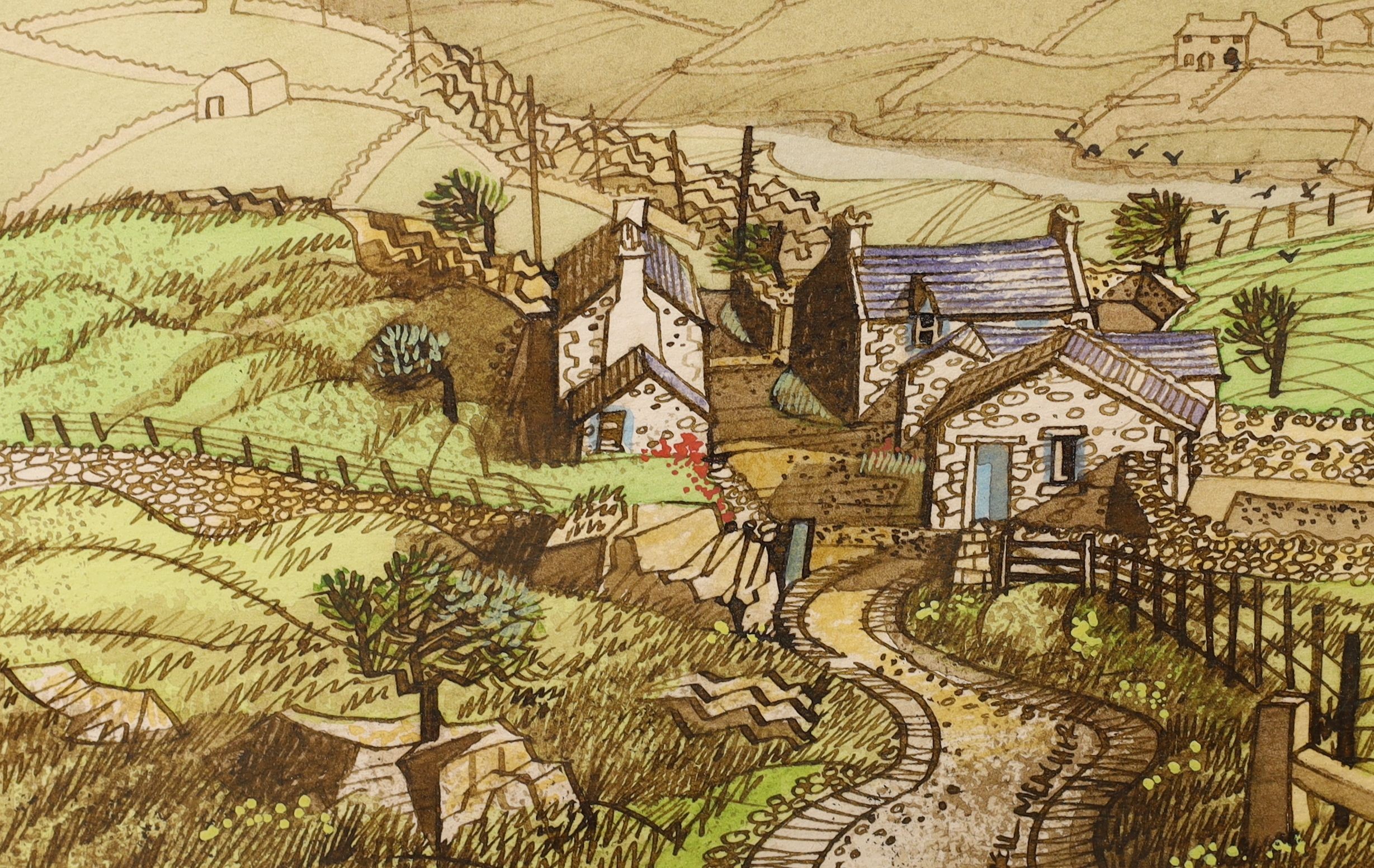 Neil Meacher (1934-2010), ink and watercolour, Feeding Time, signed and inscribed verso 10x16cm